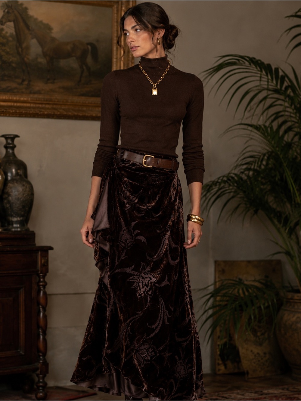 Lauren Ralph Lauren Vintage Y2K Velvet  Ruffle Maxi Skirt Paisley Brown L NWT